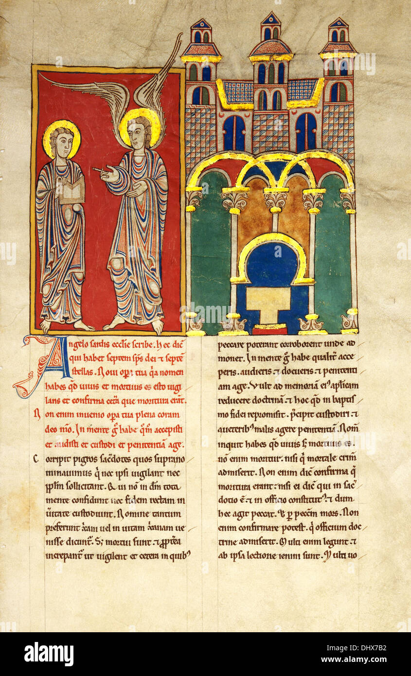 Page from a Beatus Manuscript: the Angel of the Church of Sardis with Saint John, 1180, Spain Stock Photo