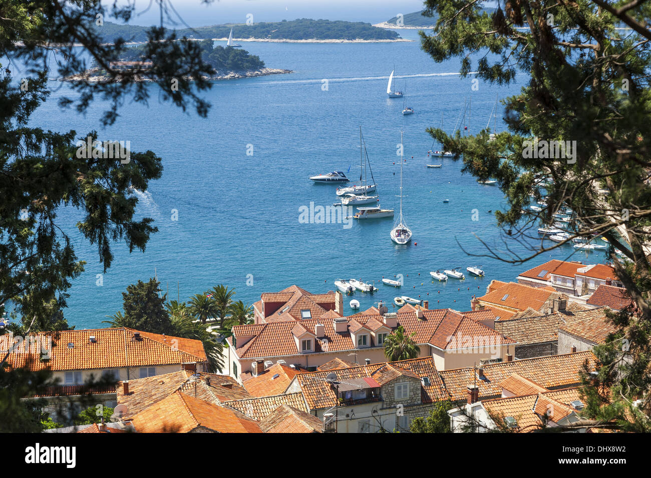 Overlooking the bay with yachts in Hvar Stock Photo