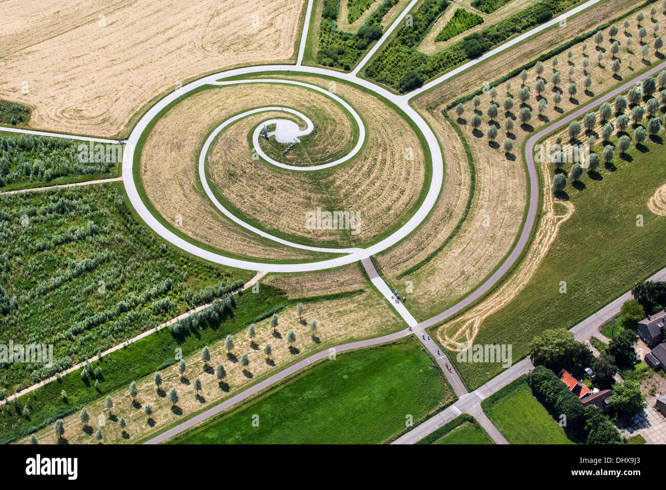 Netherlands, Barendrecht, Artificial hill called Gaatkensbult in recreation area called Jan Gerritsepolder, Aerial Stock Photo