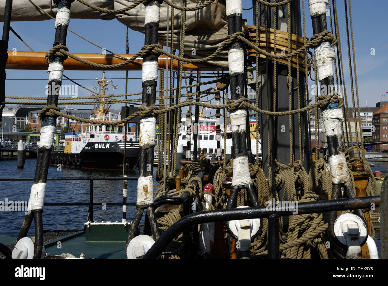 Shrouds on a sailing vessel in Kiel Stock Photo