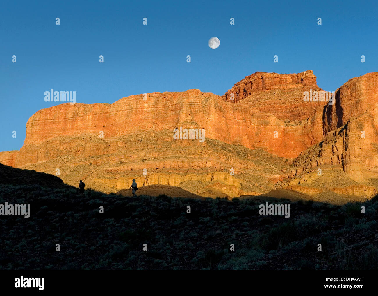 Hiking up a trail at sunrise under a setting full moon inside the Grand Canyon, Arizona, USA Stock Photo