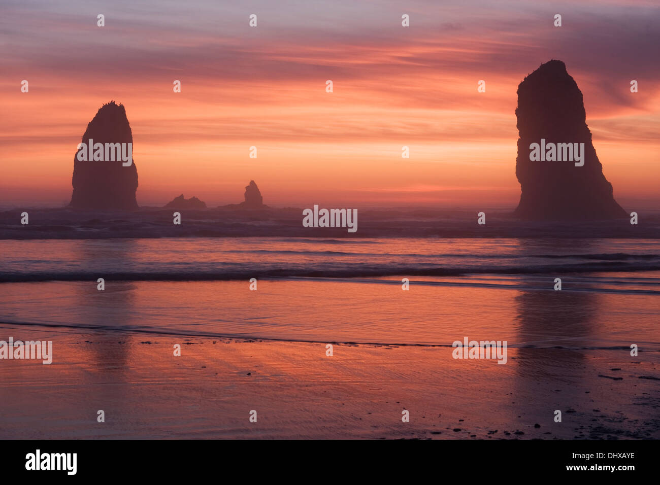 Sunset from Cannon Beach along the Oregon coast, Oregon. Stock Photo