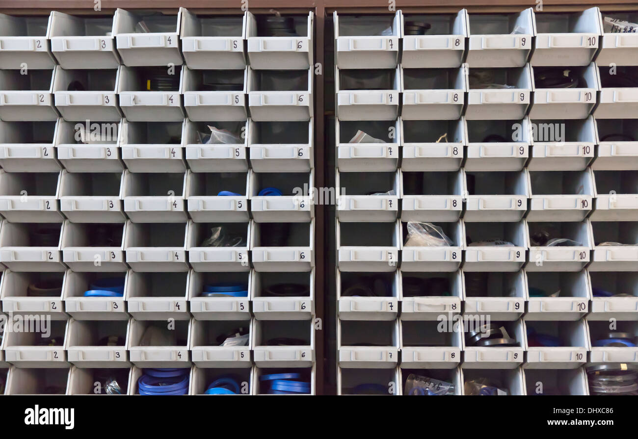 plastic shelves for spare parts Stock Photo Alamy