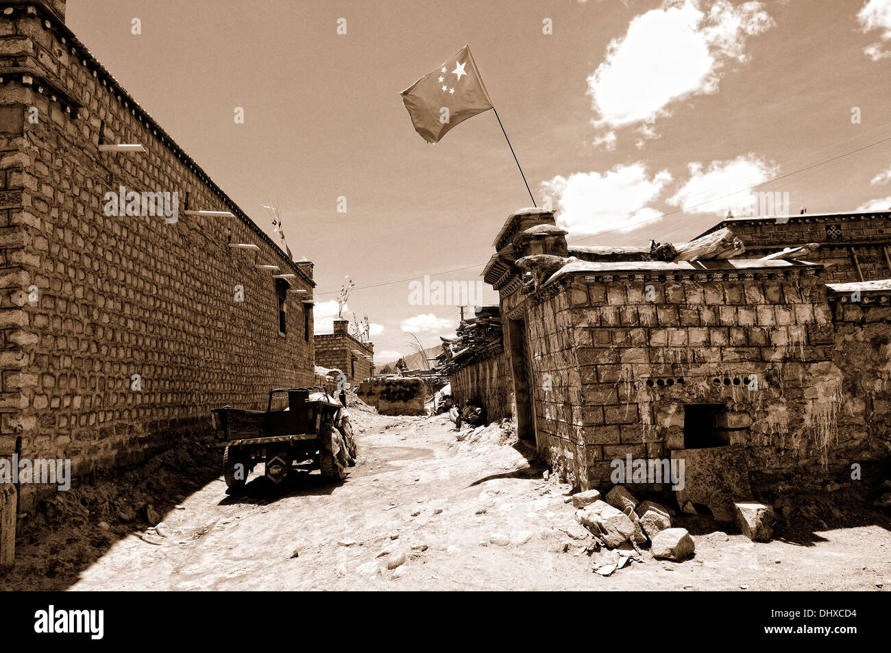 Tibetan life under the flag sepia Stock Photo