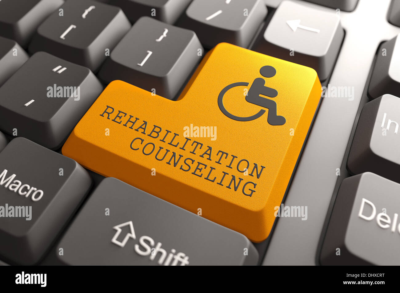 Rehabilitation Counseling for Disabled on Button. Stock Photo