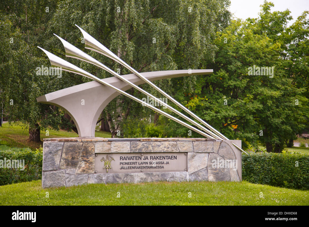 Memorial of the Combat Engineers who cleared the land mines and laid the foundation for re-building Rovaniemi, destroyed in WW2. Stock Photo