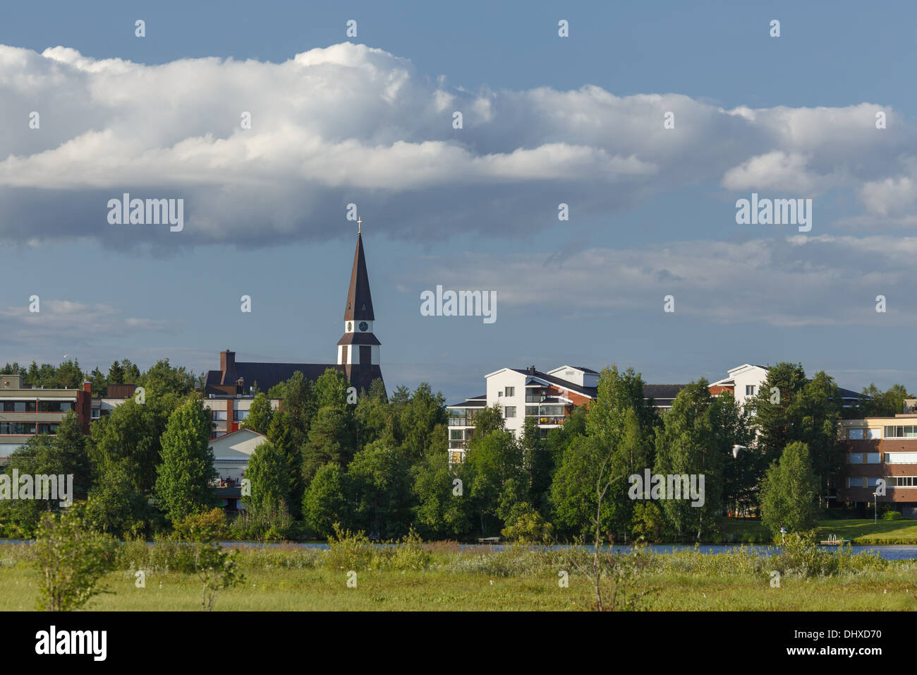 The Lutheran Church of Rovaniemi is a dominant landmark that stands out in the skyline of this city by the Arctic Circle. Stock Photo