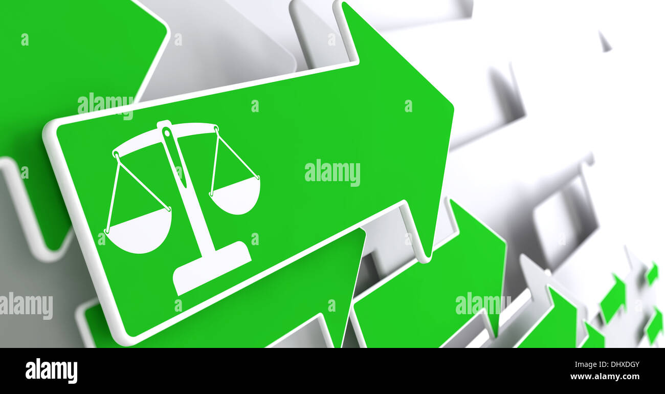 Icon of Scales in Balance on Green Arrow. Stock Photo