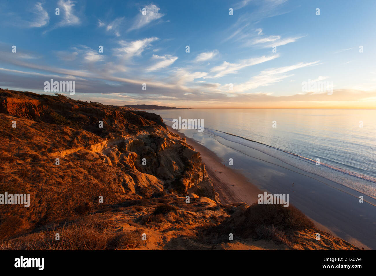 Torrey Pines State Beach and Reserve at sunset as seen from from Guy Fleming Trail. La Jolla, California is in the distance. Stock Photo