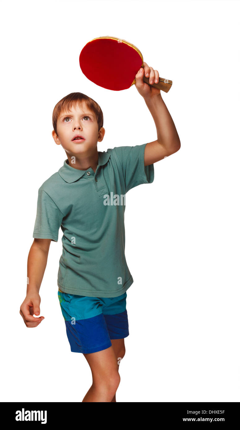 blond man boy playing table tennis forehand takes topspin isolated on