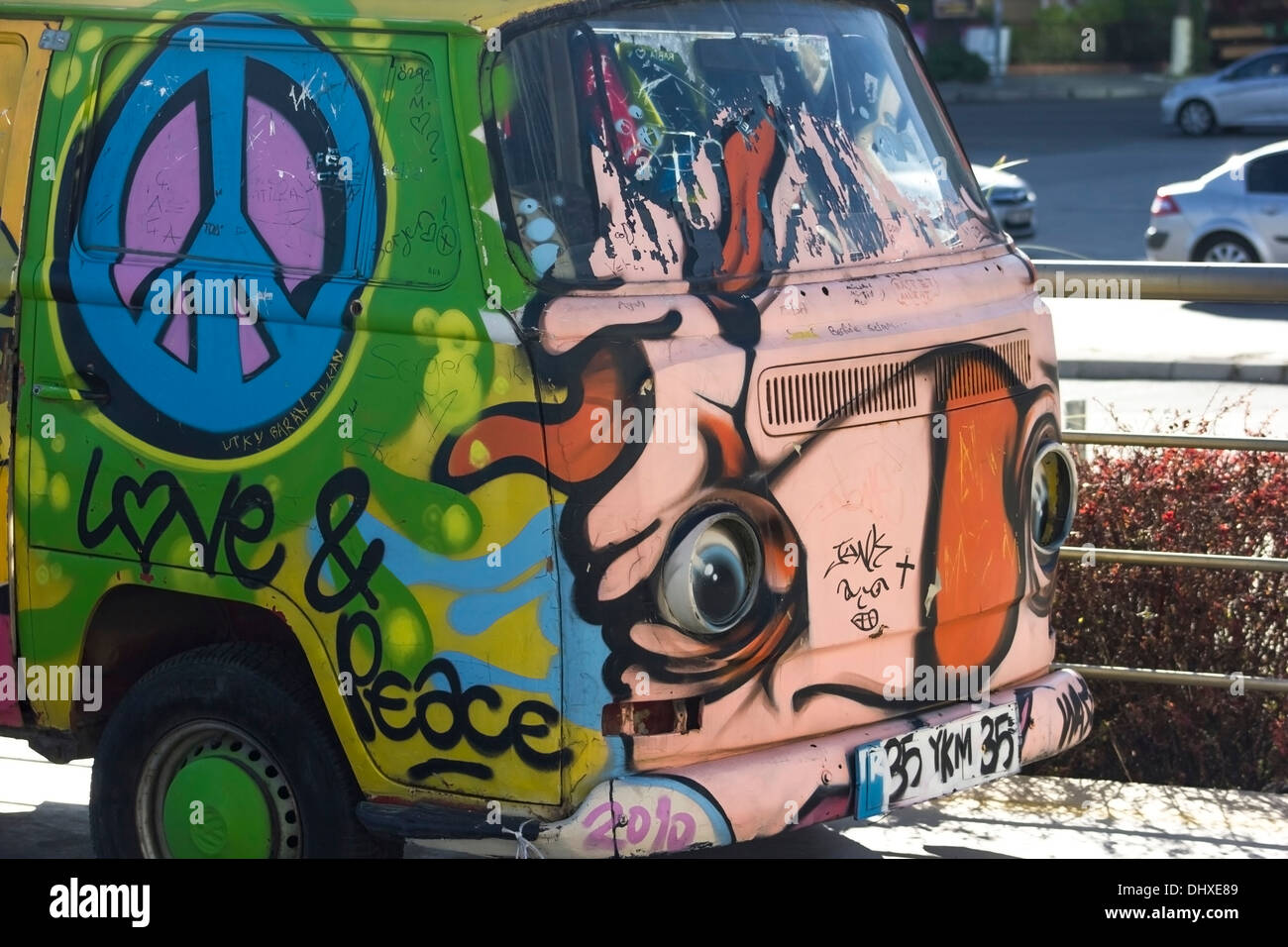 love and peace hippy colorfull minivan car Stock Photo