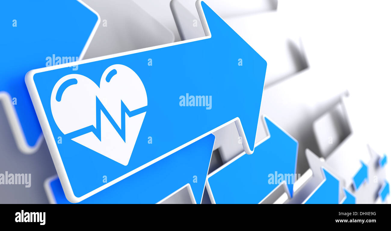 Icon of Heart with Cardiogram Line on Blue Arrow. Stock Photo