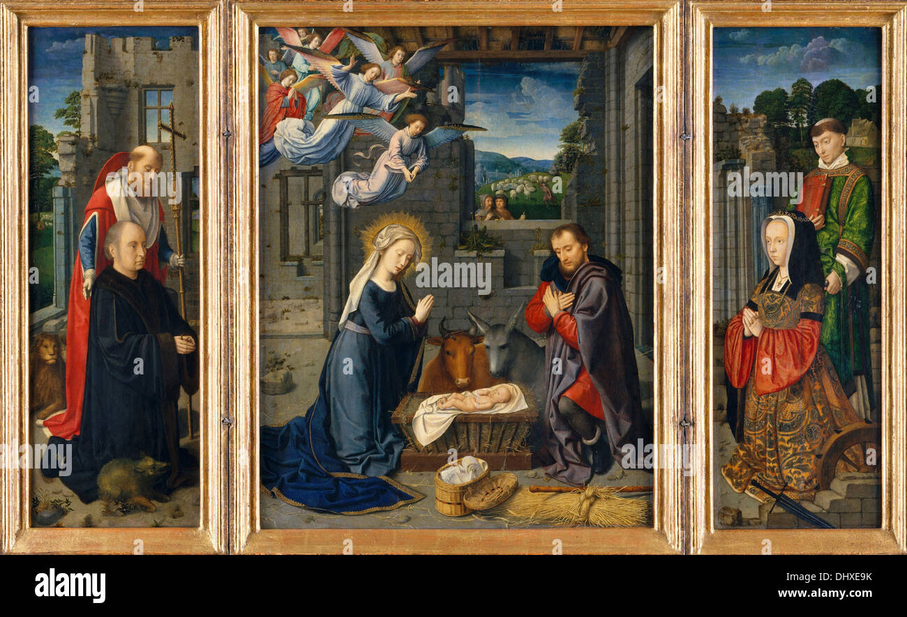 The Nativity with Donors and Saints Jerome and Leonard - by Gerard David, 1515 Stock Photo