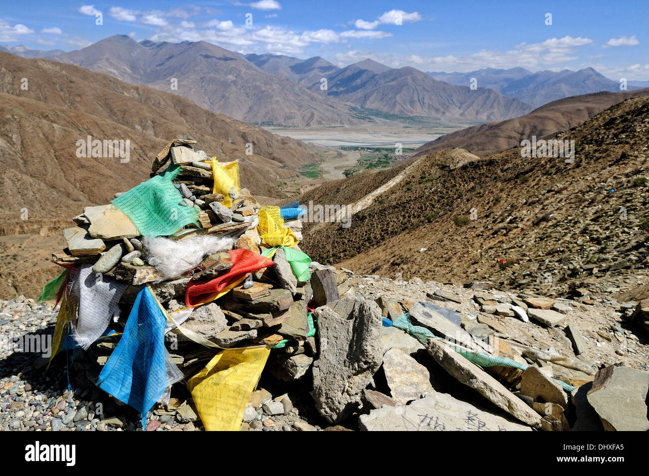 prayer flags at the Kampa La Pass Tibet Stock Photo
