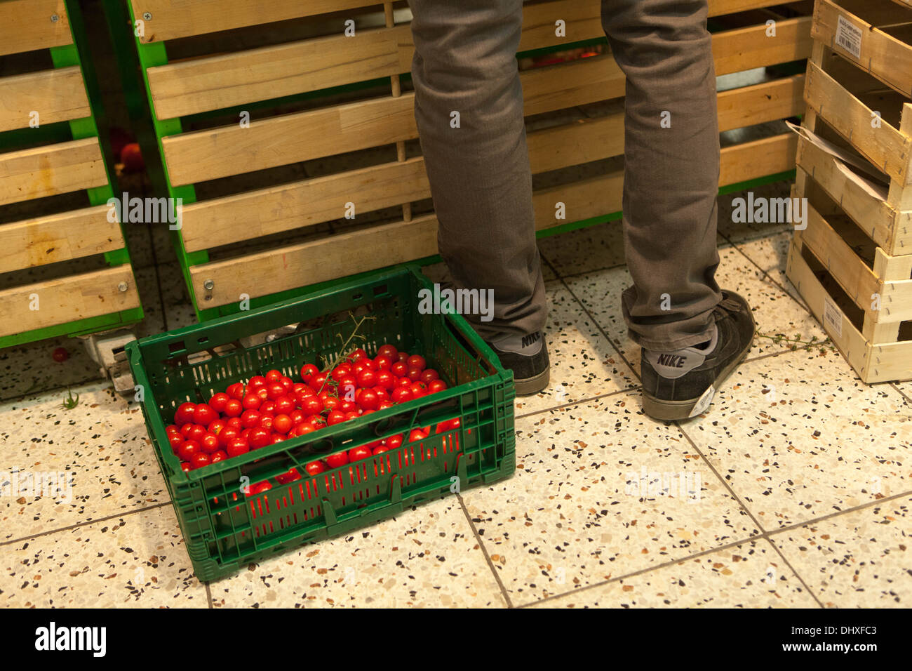 Tomatoes in crates, supermarket, Prague , Czech Republic Stock Photo