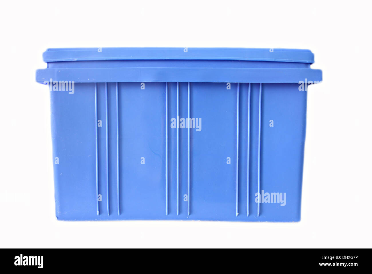 Blue Plastic box Packaging of finished goods on white background. Stock Photo
