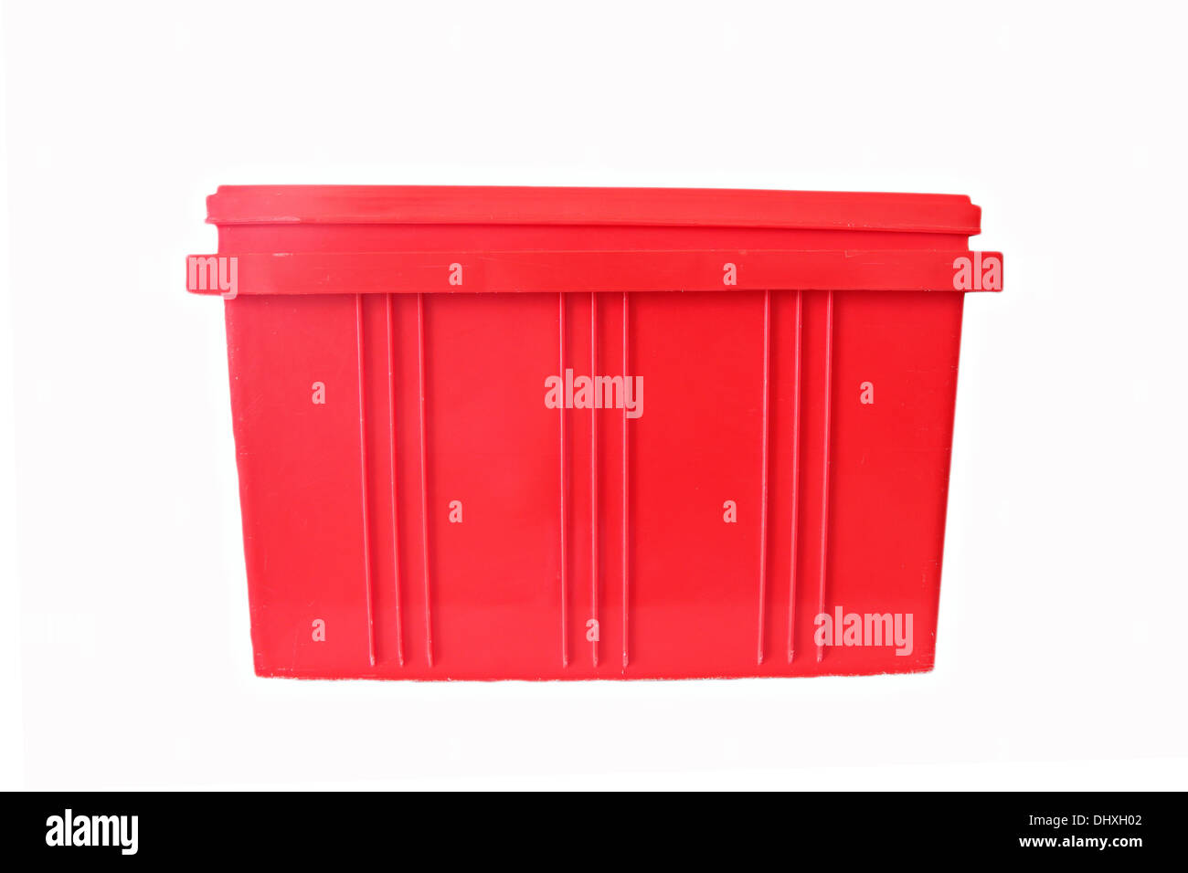Red Plastic box Packaging of finished goods on white background. Stock Photo
