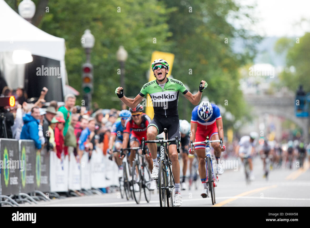 Dutch cyclist Robert Gesink of team Belkin wins the 2013 Grand Prix Cycliste de Québec. Stock Photo