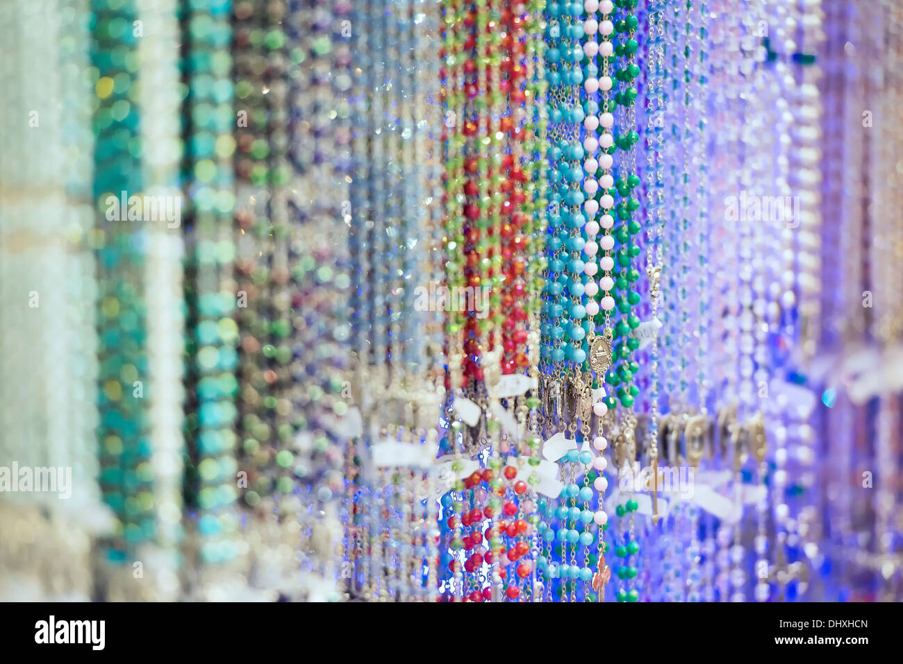 Rosary bead selection in a religious goods store. Stock Photo