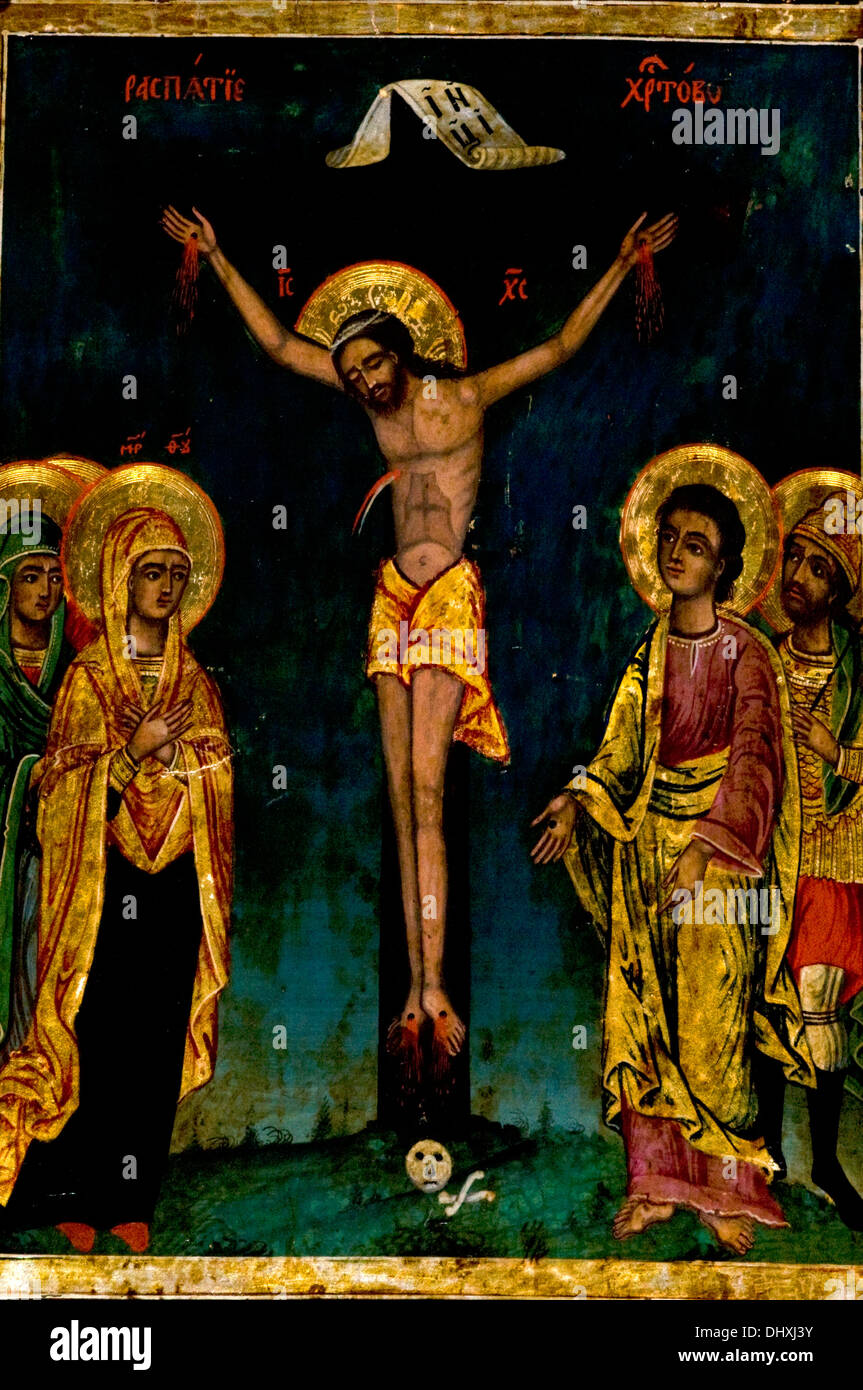 Icon of the Crucified Christ surrounded by his closest disciples with St John and Mother Mary closest to him. Found in Sevlievo Stock Photo
