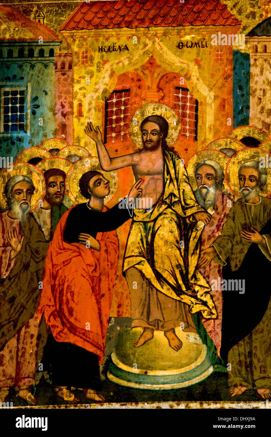 Icon of Jesus Christ appearing to the apostles after the crucifixion when the doubting St Thomas places his hand in the wound Stock Photo