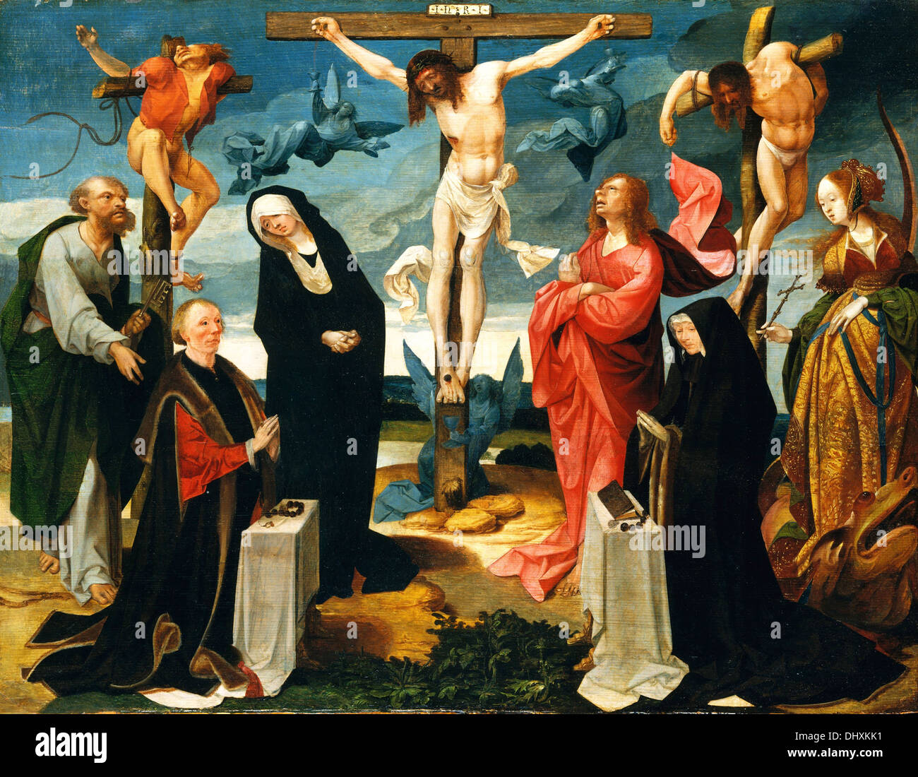 The Crucifixion with Donors and Saints Peter and Margaret  - by Cornelis Engebrechtsz, 1527 Stock Photo