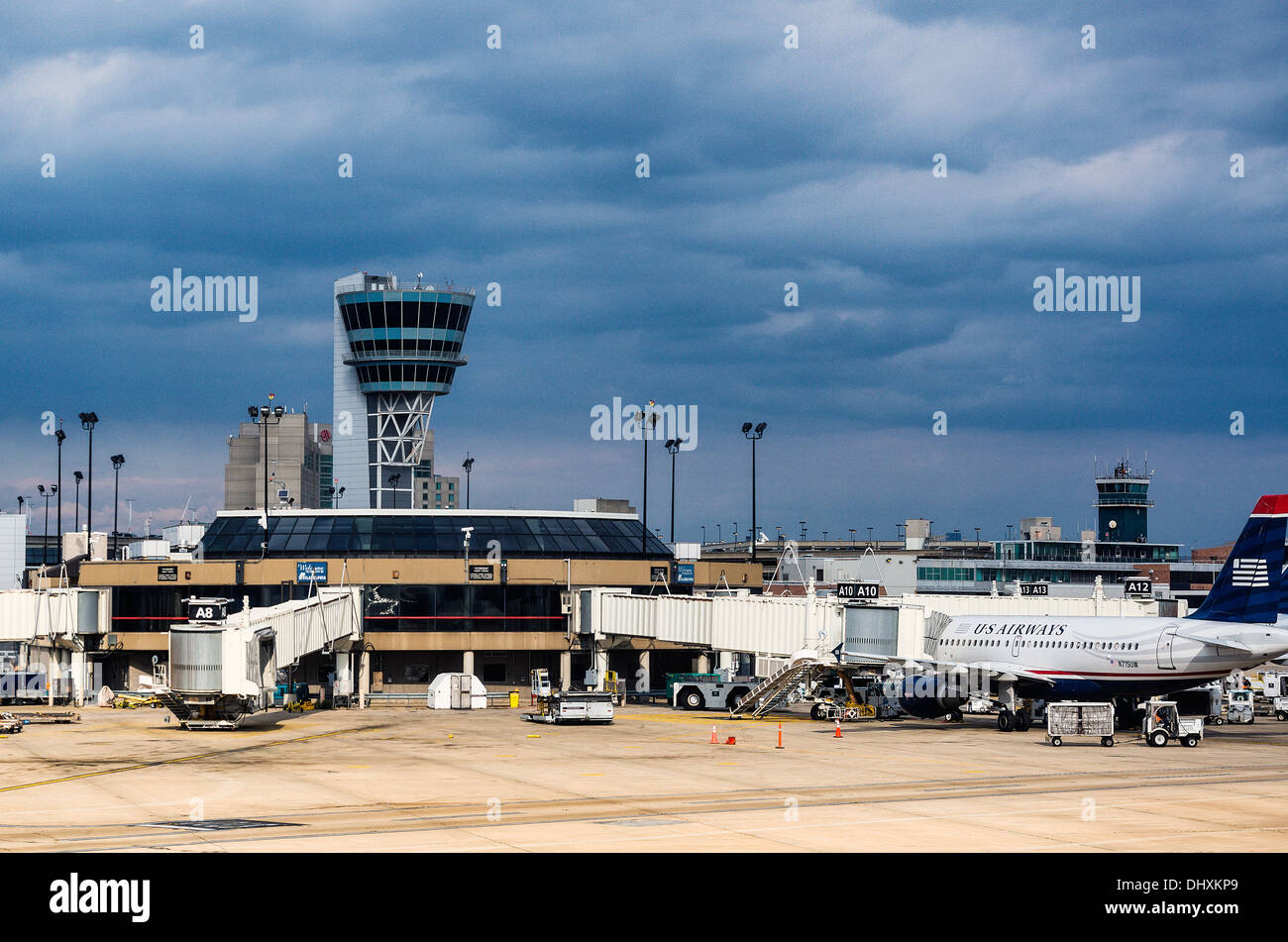 Terminal and control tower at Philadelphia airport, Pennsylvania, USA Stock Photo