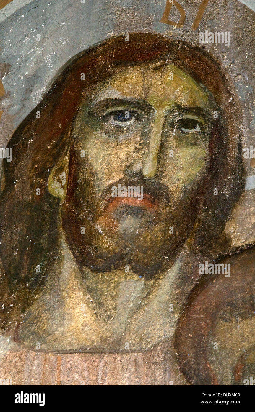 Painted mural of Jesus at the Last Supper in local Sevlievo Church in Bulgaria. Religious Art Stock Photo