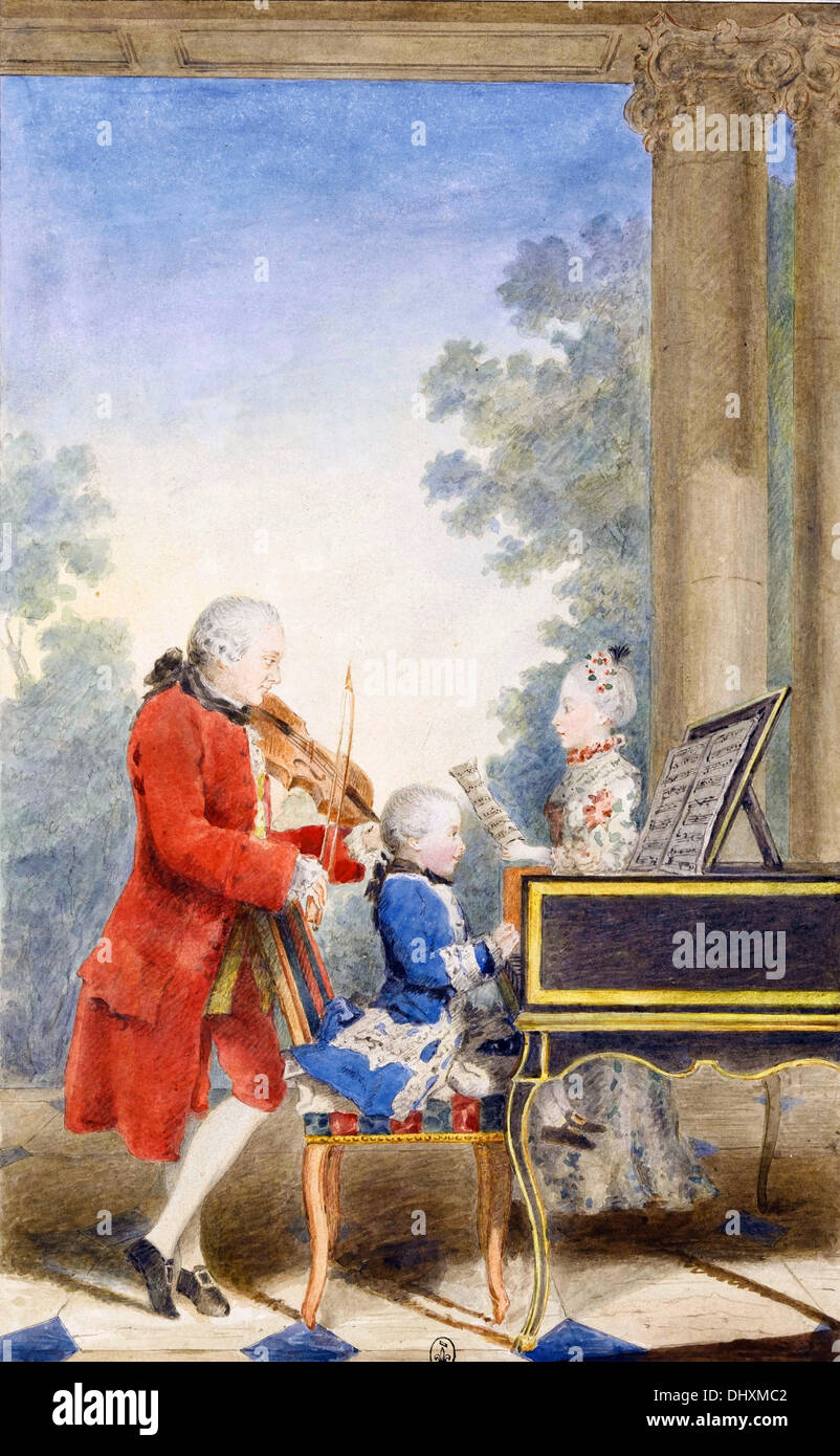 Leopold Mozart and his children, Wolfgang and Maria Anna - by Carmontelle, 1763 Stock Photo