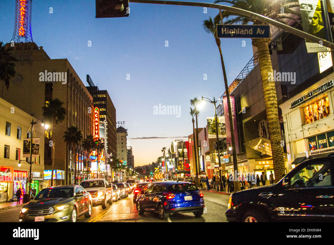 Hollywood Blvd from the intersection of Highland Ave looking west at