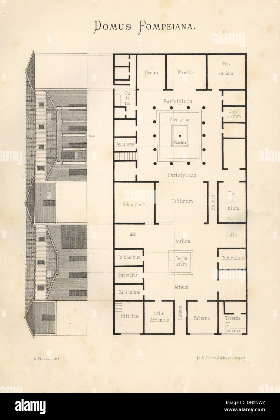Domus Pompeiana: floor plan and elevation of a luxurious house in Pompeii. Stock Photo