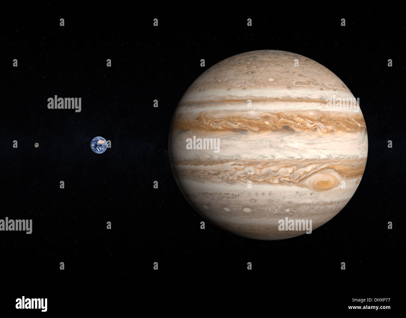 A comparison between the planets Earth and Jupiter and the Moon on a starry background. Stock Photo