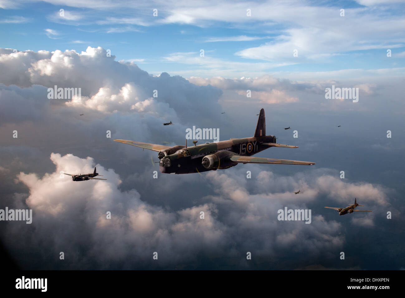 A depiction of Vickers Wellingtons from No 16 Operational Training Unit RAF forming up for a bombing operation against Germany in 1943. Stock Photo