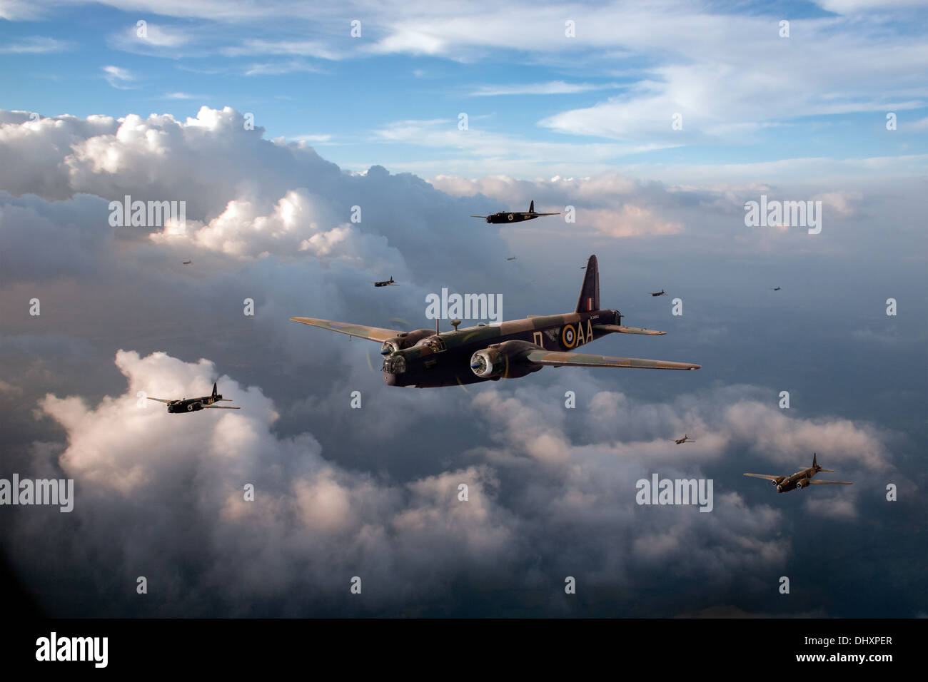 Vickers Wellingtons B Mark III bombers of No 75 (NZ) Squadron RAF. The lead aircraft is X3667. Stock Photo