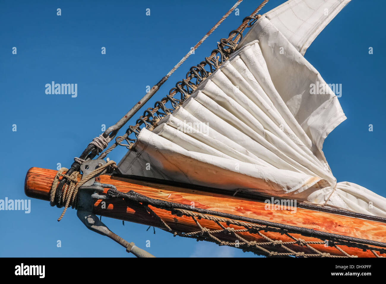 Bowsprit and gathered sail of a large sailing ship in Amaliehaven in