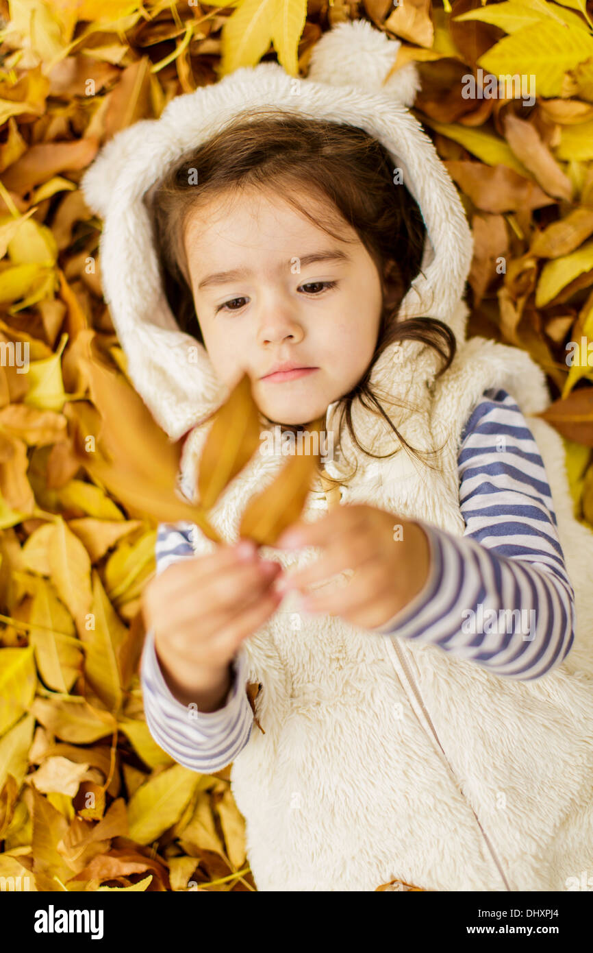 Little girl at the autumn leaves Stock Photo - Alamy