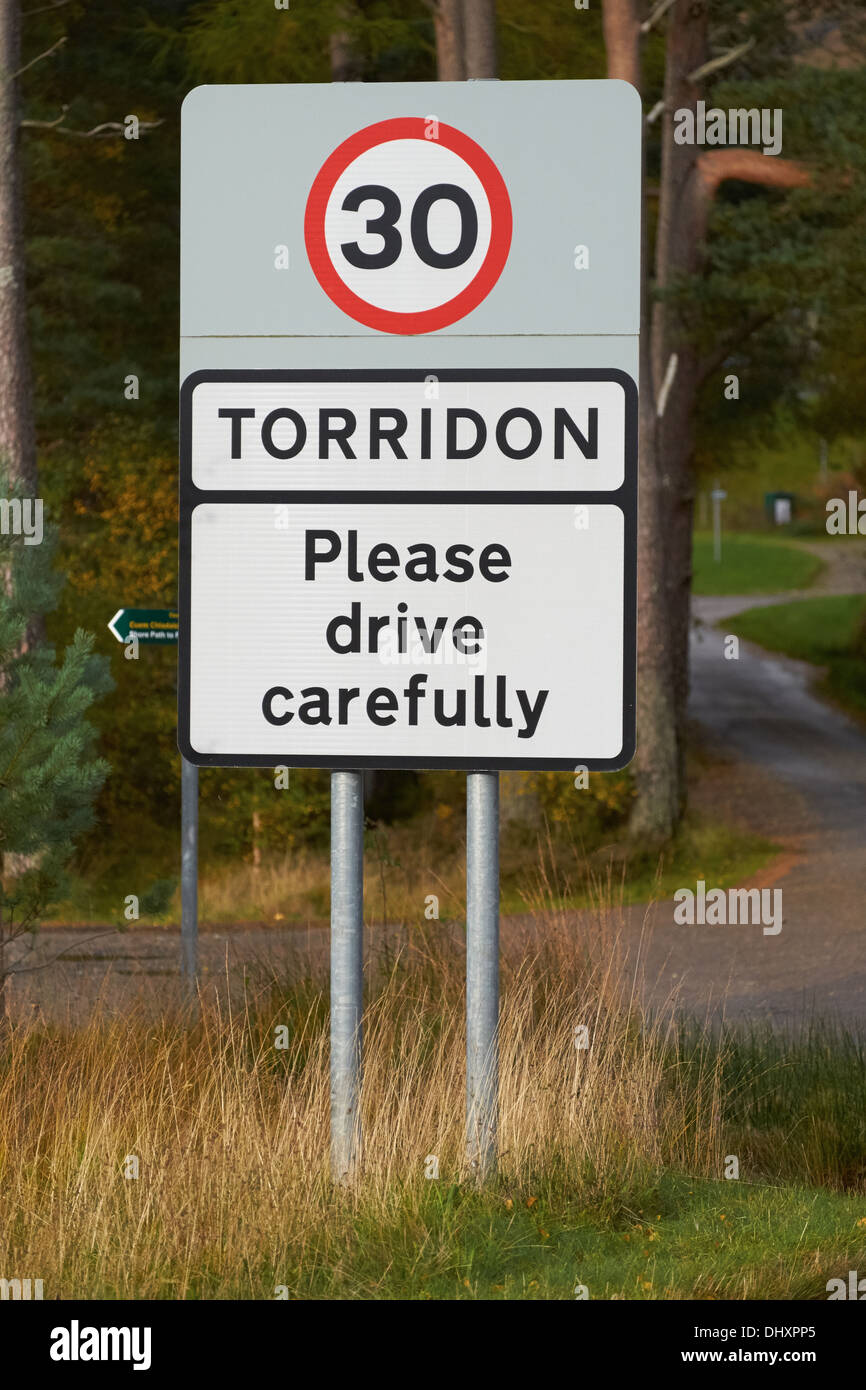 30mph Speed limit sign when entering the small village of Torridon in the Scottish Highlands. Stock Photo