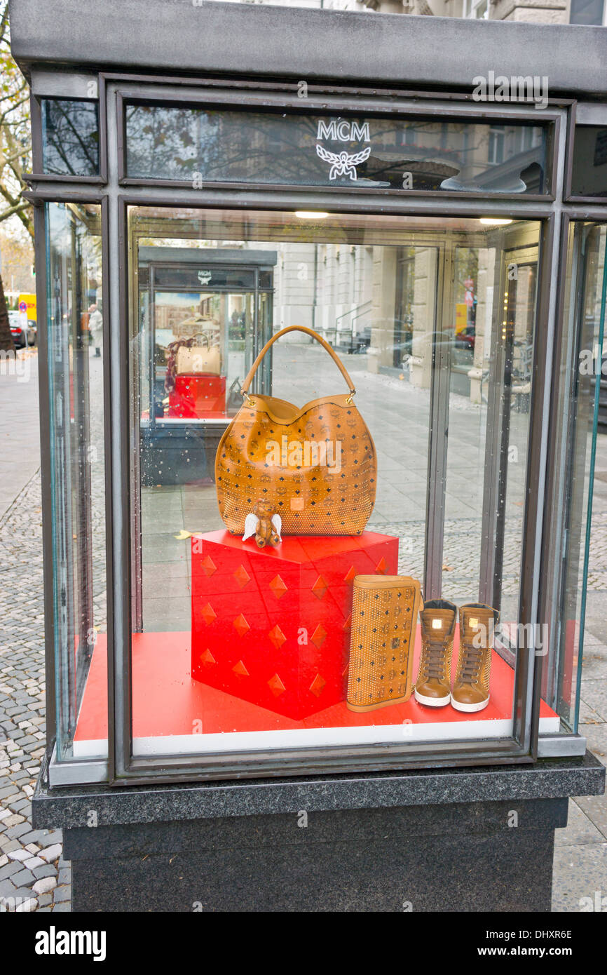 MCM Luxury goods shopping display on Kurfursten Dam one of the most famous avenues in Berlin. Stock Photo