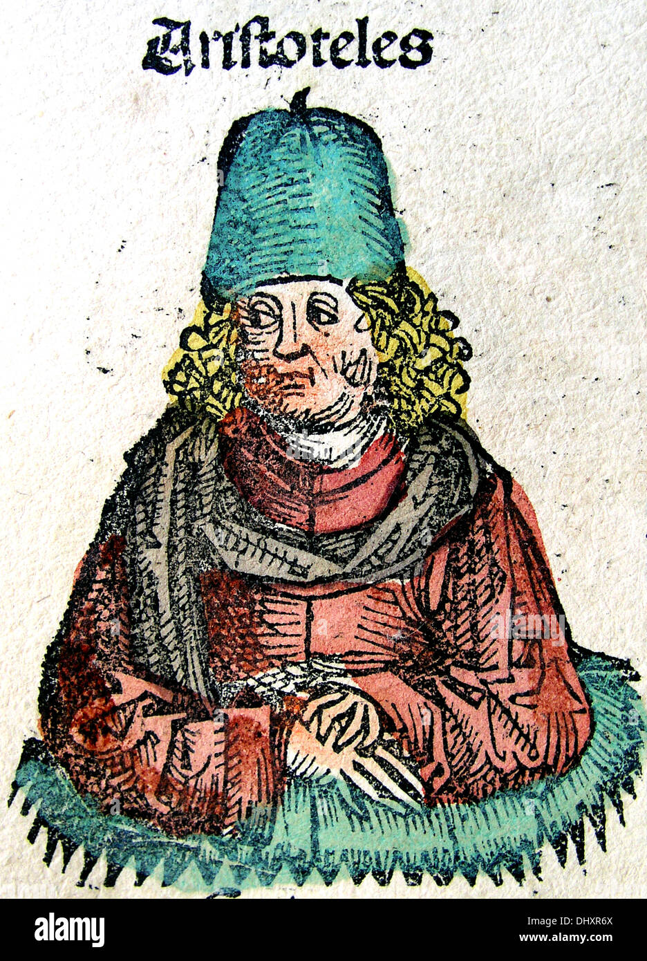 Aristotle, published in Nuremberg Chronicle, 1400's Stock Photo