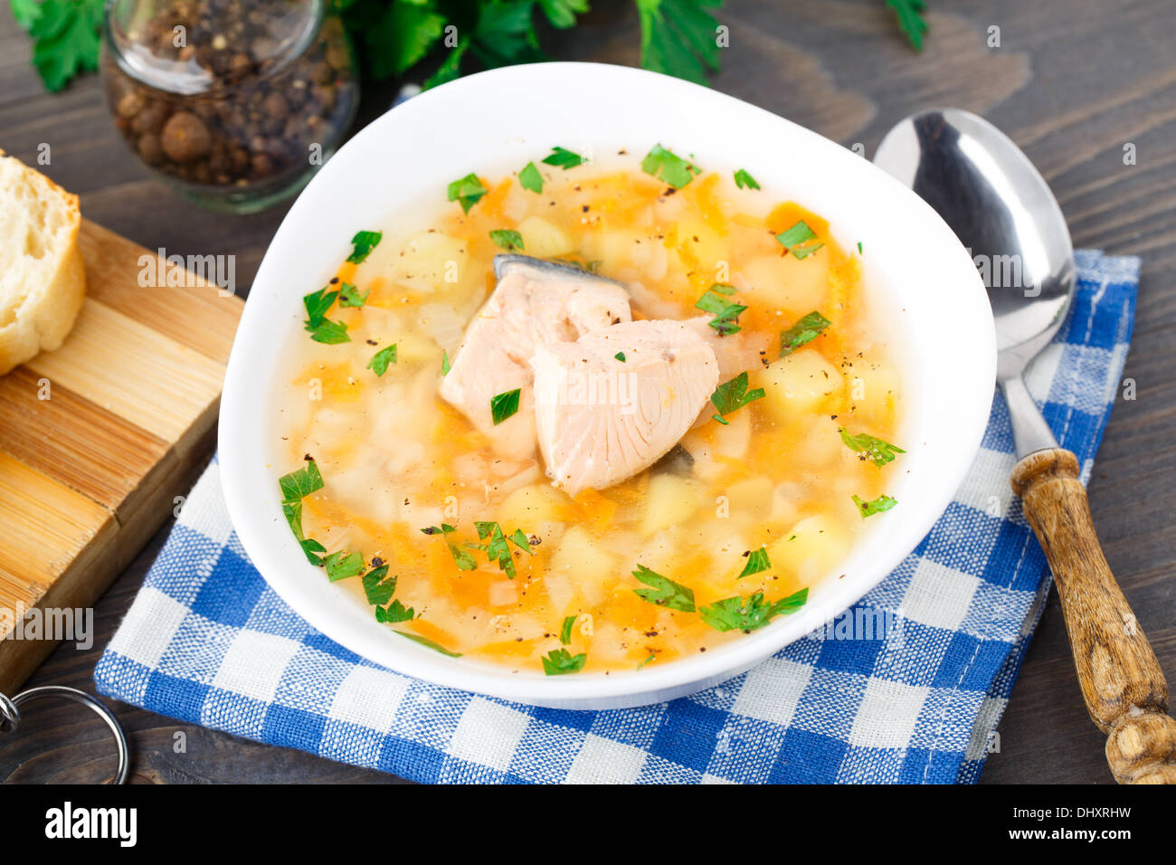 Healthy fish soup made of salmon Stock Photo - Alamy
