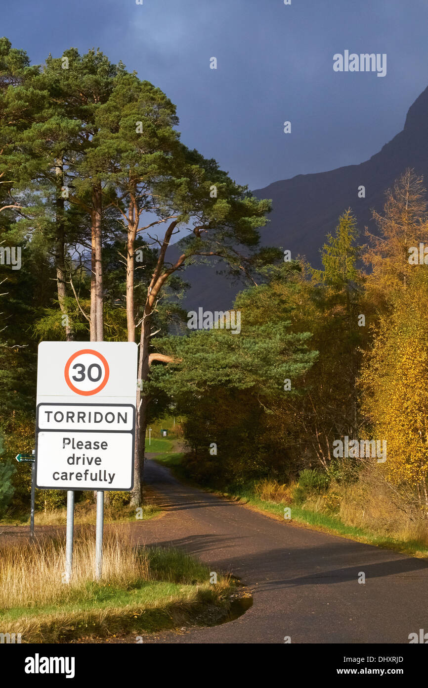 30mph Speed limit sign when entering the small village of Torridon in the Scottish Highlands. Stock Photo