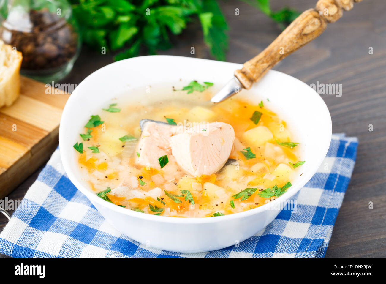 Healthy fish soup made of salmon Stock Photo - Alamy