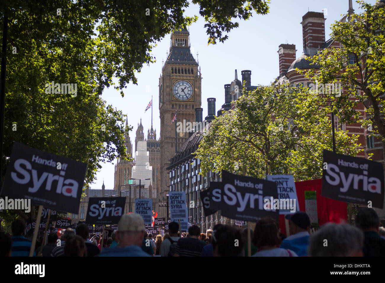 Roughly 2,000 anti-war activists marched past the Houses of Parliament to protest against any potential intervention in Syria. Stock Photo