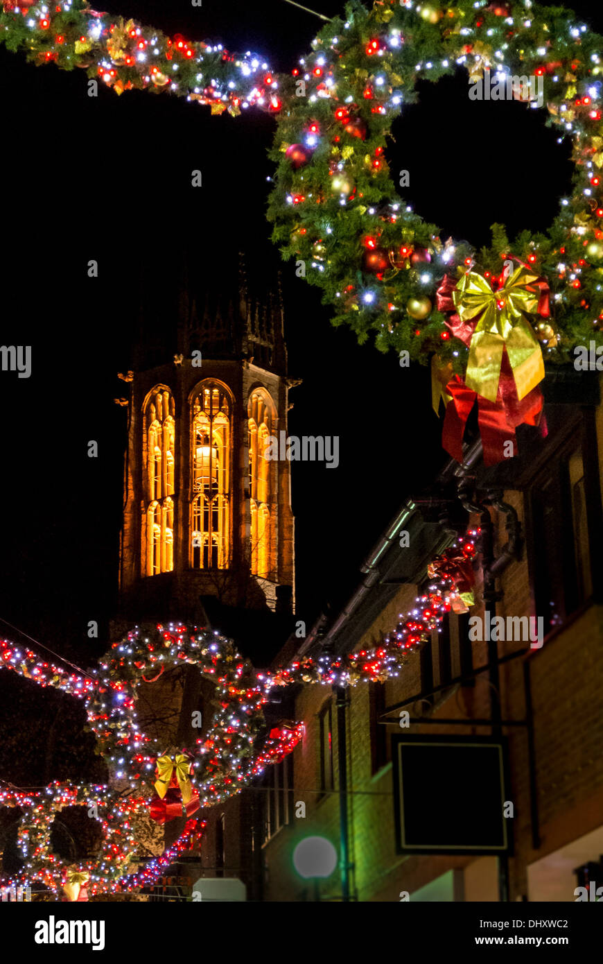 Christmas lights in York City Centre 2013. All saints Church from