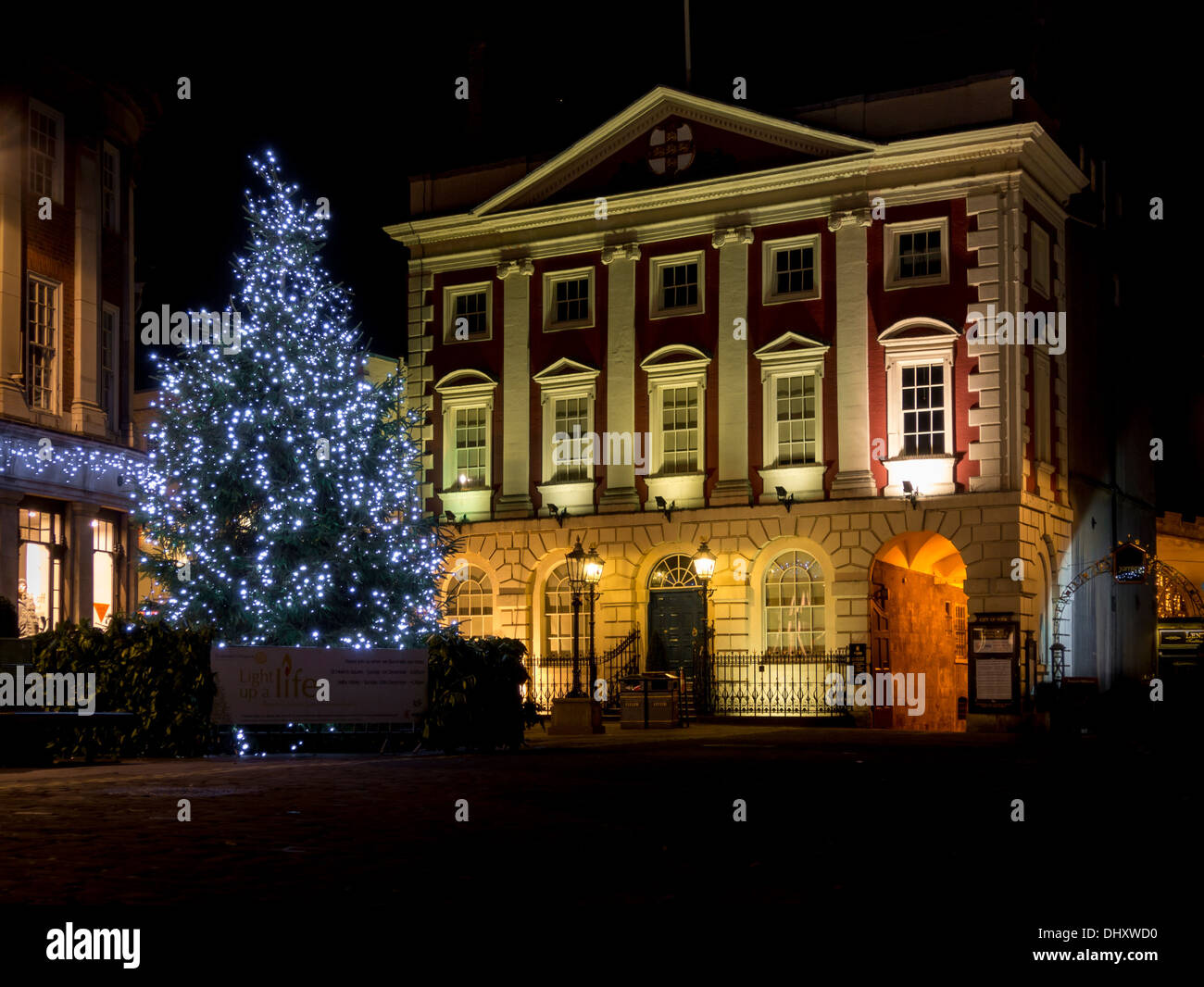 Illuminated Christmas tree at night outside The Mansion House in York City Centre Stock Photo