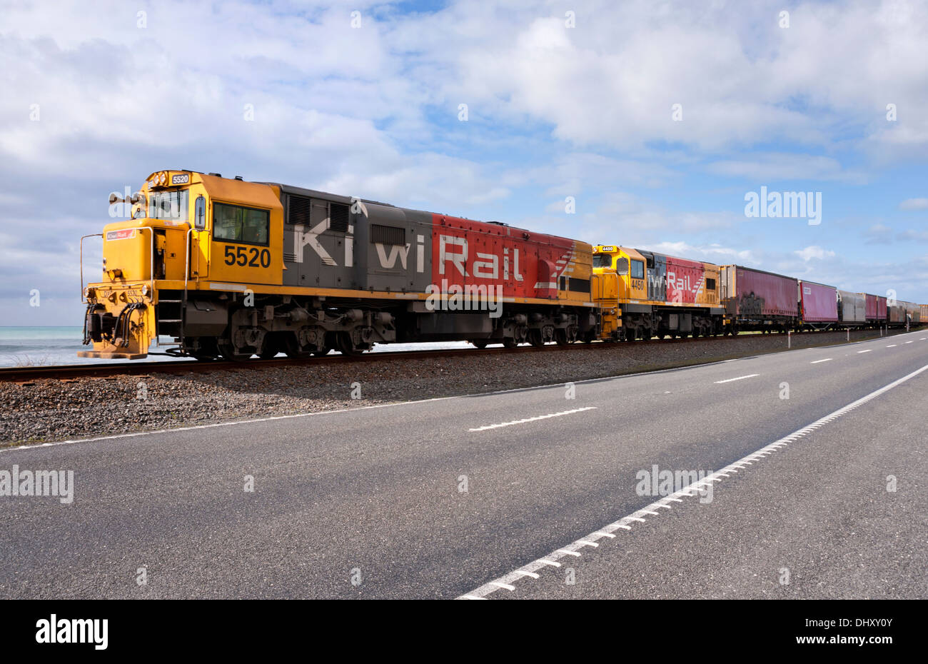 New Zealand Railways Kiwi Rail freight train near Kaikoura on South Island, New Zealand Stock Photo