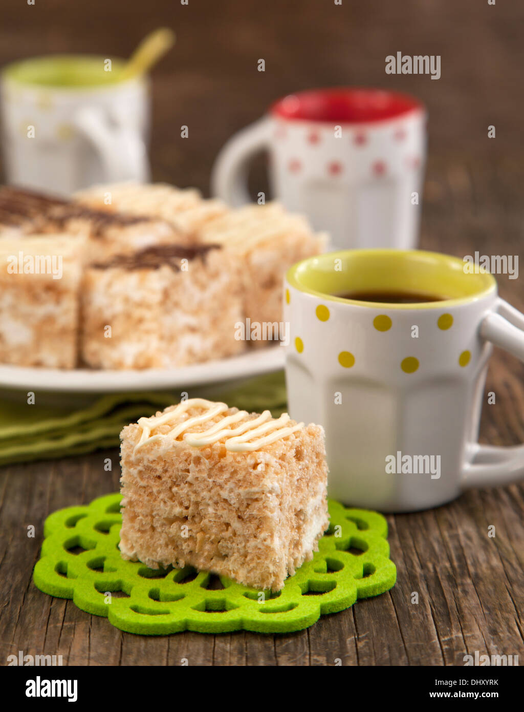 Homemade Marshmallow Rice Crispy Dessert Bar with chocolate Stock Photo