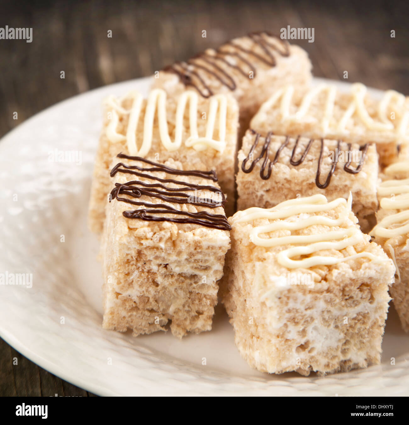 Homemade Marshmallow Rice Crispy Dessert Bar with chocolate Stock Photo