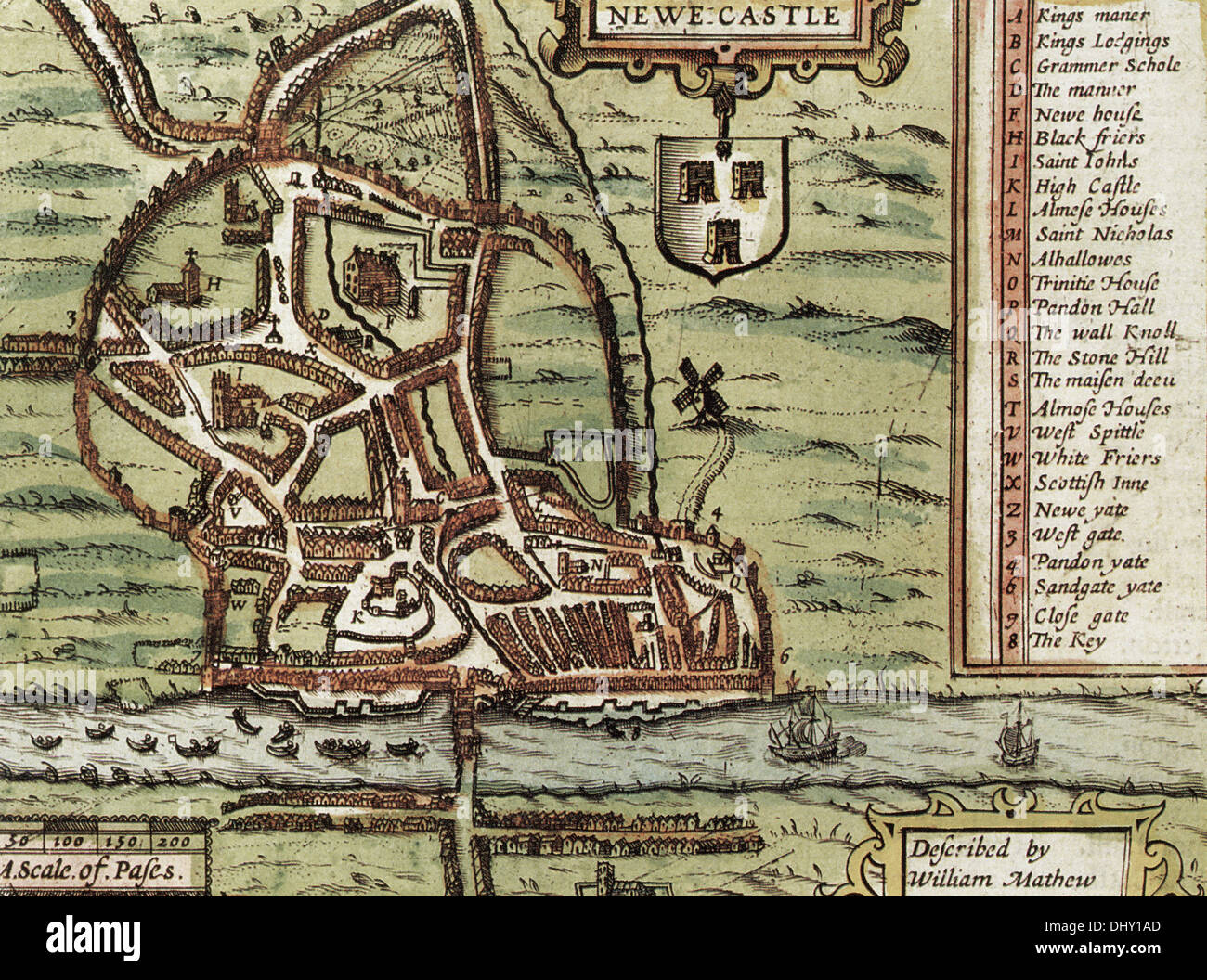 Old map of Newcastle, England, by John Speed, 1611 Stock Photo