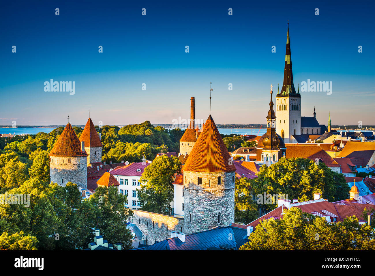 Dawn in Tallinn, Estonia at the old city from Toompea Hill. Stock Photo